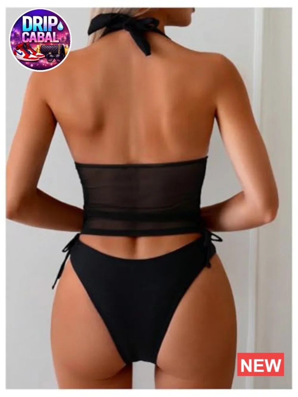 Women's Halter Tankini Two Piece V Neck Sheer Mesh Drawstring Swimsuits